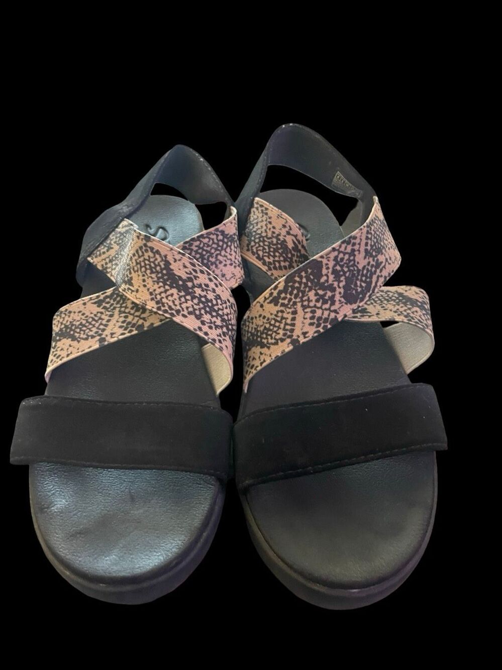 Skechers Women's Black Tan Elastic Stretch Snake Print Sling Back Sandals Size 6
